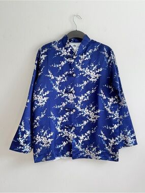 Blue Silk Chinese Jacket Floral Tang Style Mandarin Collar Frog Closure Size M